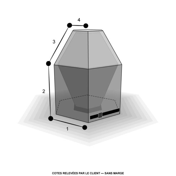 Schéma coté de la housse sur mesure de brasero hexagonal pyramidal tronqué : largeur au sol (1), hauteur du corps (2), pan incliné du chapeau (3), largeur du sommet (4)
