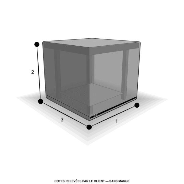Schéma coté de la housse sur mesure de brasero rectangulaire : longueur (1), hauteur (2), profondeur (3)