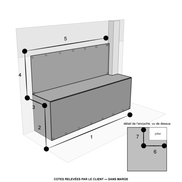 Schéma coté de la housse sur mesure de cuisine murale sans côtés : largeur (1), hauteur de façade (2), profondeur du plan (3), hauteur haute (4), largeur haute (5), pilier (6 et 7)