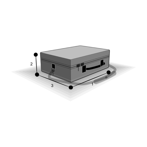 Schéma coté de la sacoche antichoc sur mesure à poignée côté : longueur (1), hauteur (2), profondeur (3)