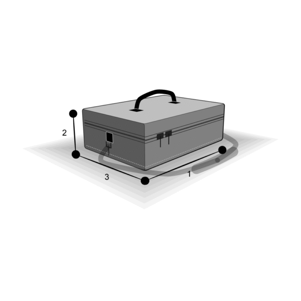 Schéma coté de la sacoche antichoc sur mesure à poignée dessus : longueur (1), hauteur (2), profondeur (3)